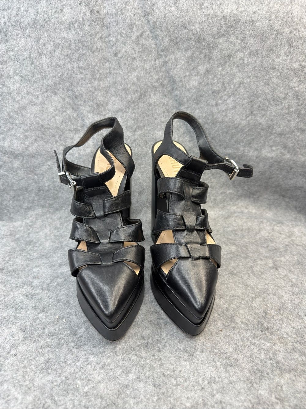 Schutz Black Leather Strappy Pointed Toe High Heel Sandals Women’s